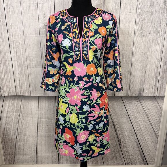 Gretchen Scott Women's Med Blue Floral Print 3/4 Sleeve Split Neck Shift Dress - Picture 1 of 7